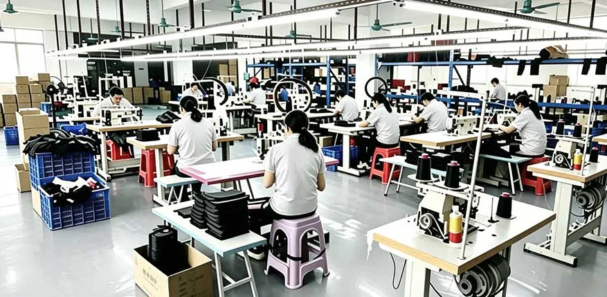 Mass production sewing workshop for steering wheel covers, standardized assembly line of auto accessories factory for global bulk buyers