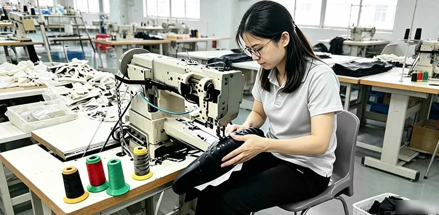 Professional female worker sewing PVC car steering wheel cover on industrial sewing machine, fine craftsmanship for wholesale auto interior accessories manufacturer