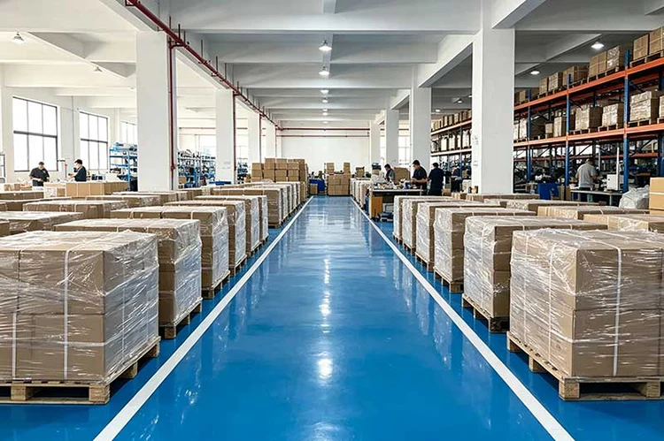 Finished car booster jump start cable warehouse with bulk palletized cartons, large storage & shipping preparation workshop for auto jumper cables